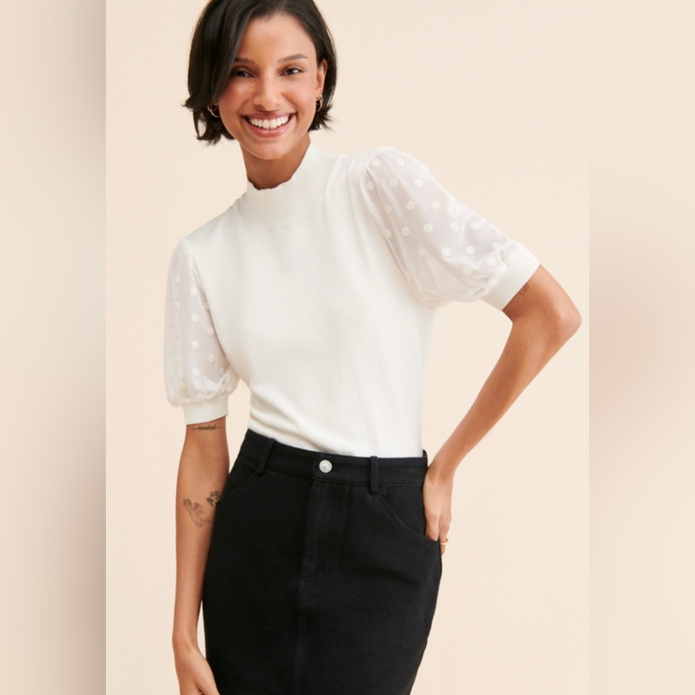 Laundry mockneck knit White Top with Sheer Sleeves